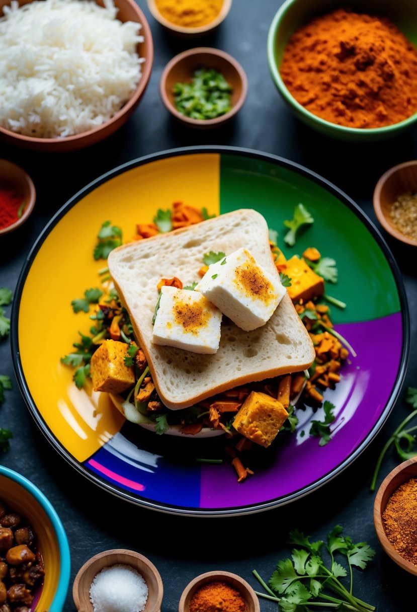 A colorful plate with a Hariyali Paneer Sandwich surrounded by vibrant Indian spices and ingredients