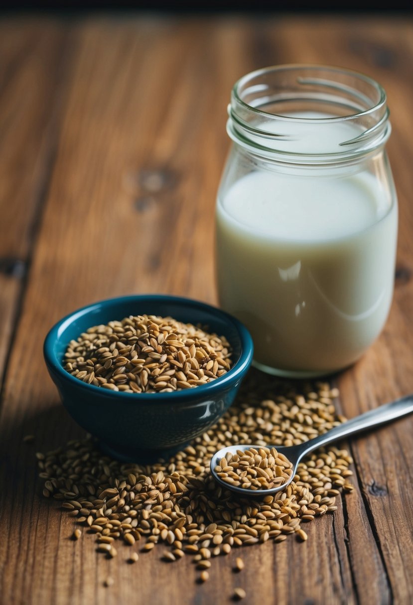 A small bowl of fenugreek seeds and a jar of coconut oil on a wooden table