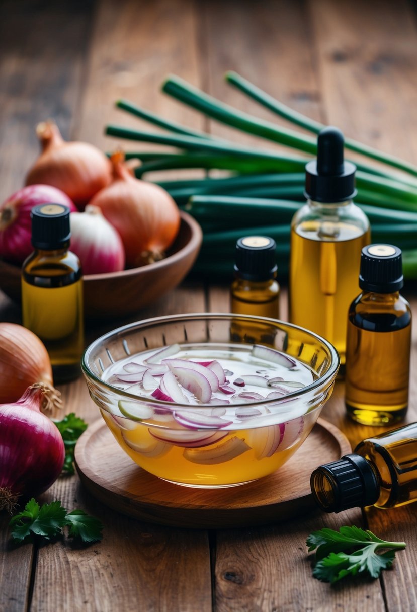 A glass bowl filled with onion juice and essential oils, surrounded by fresh onions and bottles of oil, sits on a wooden table