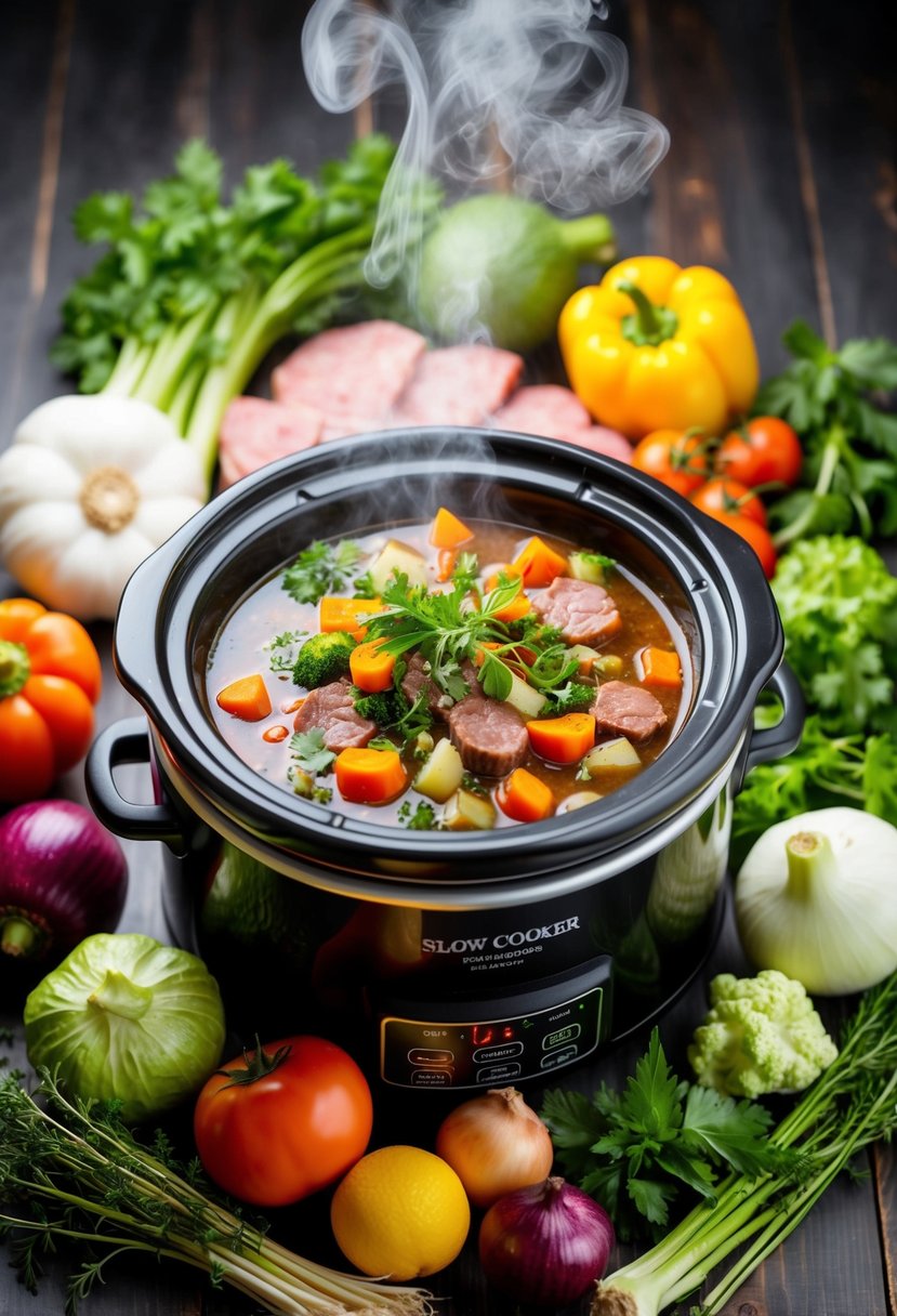 A variety of fresh vegetables, lean meats, and herbs arranged around a slow cooker, with steam rising from the bubbling, flavorful keto-friendly stew