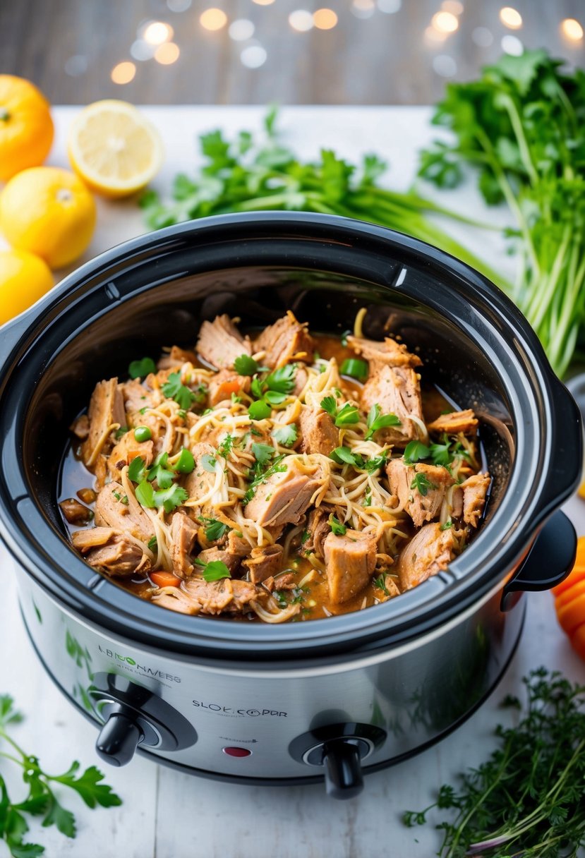 A slow cooker filled with keto pulled pork surrounded by fresh herbs and low-carb vegetables