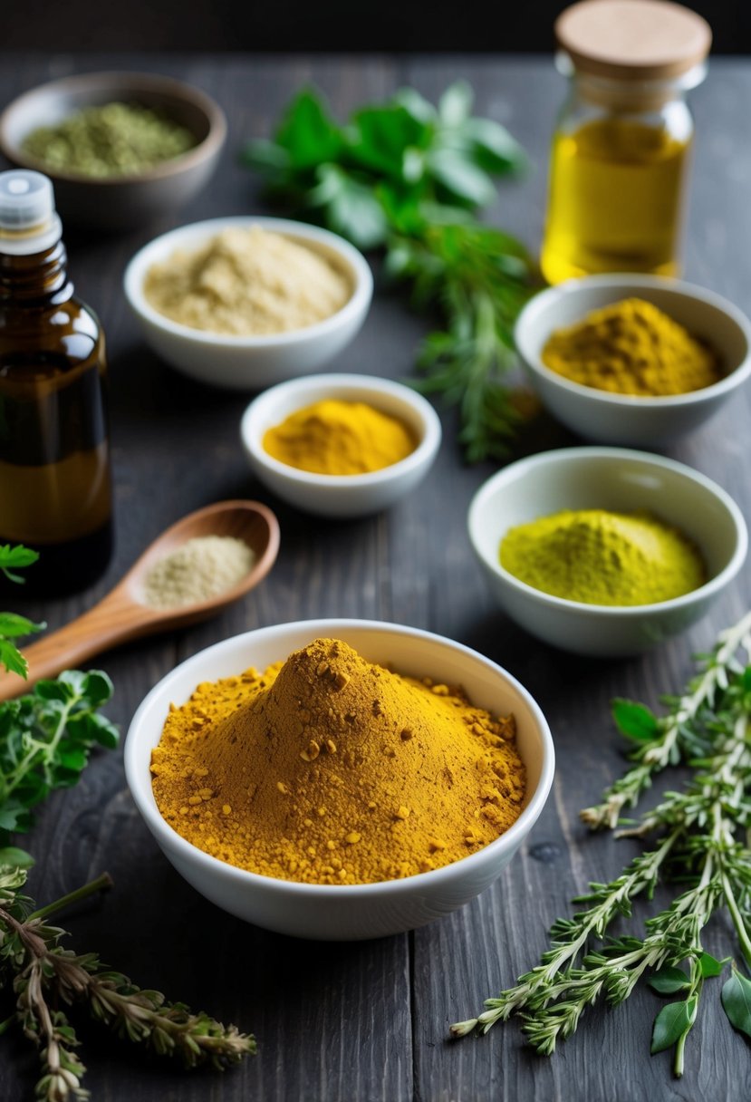 A table with bowls of henna and amla powder, surrounded by fresh herbs and oils, ready for a DIY hair growth mask