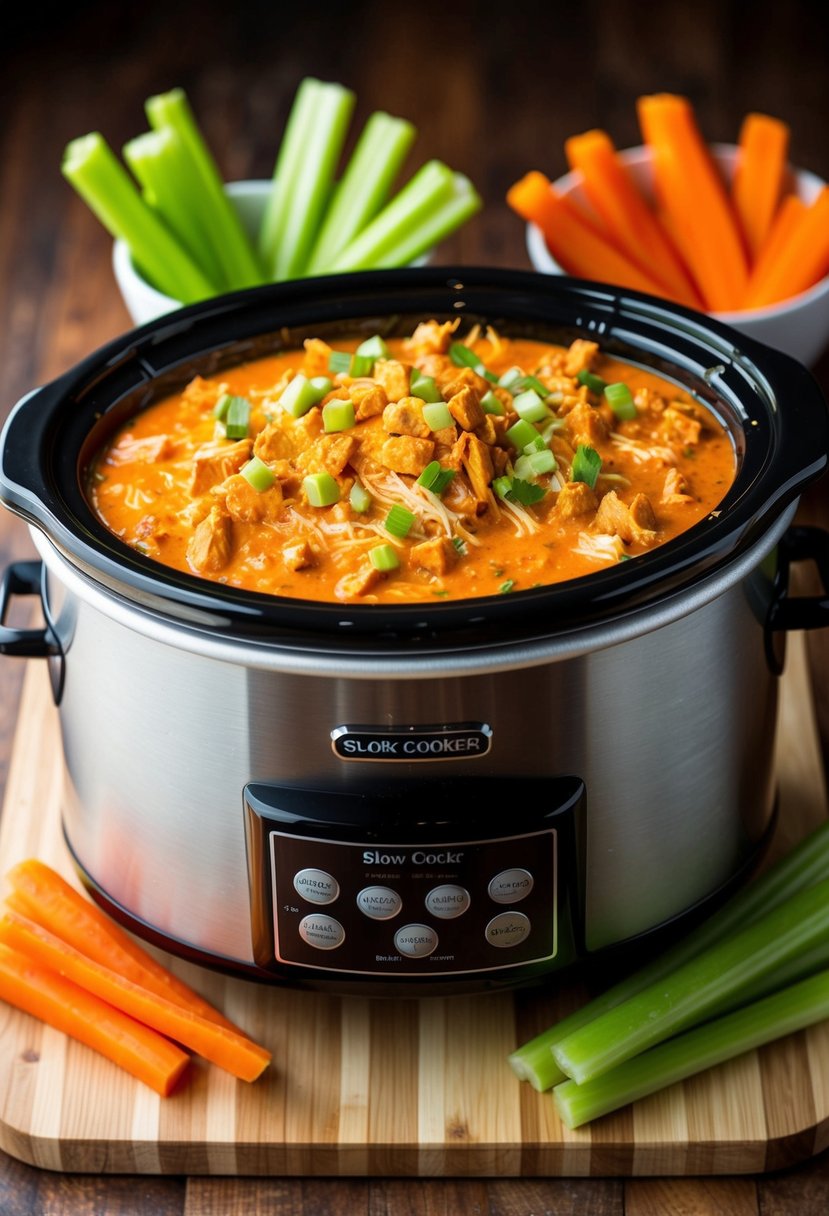 A slow cooker filled with bubbling buffalo chicken dip surrounded by celery and carrot sticks