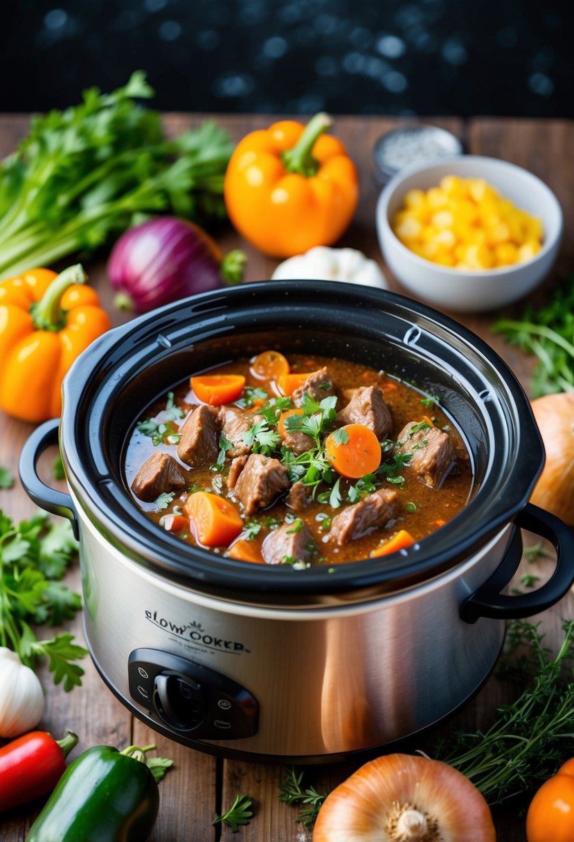 A bubbling slow cooker filled with hearty beef stew, surrounded by fresh vegetables and herbs