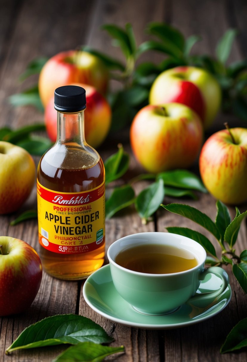 A glass bottle of apple cider vinegar and a cup of green tea sit on a wooden table, surrounded by fresh apples and green tea leaves