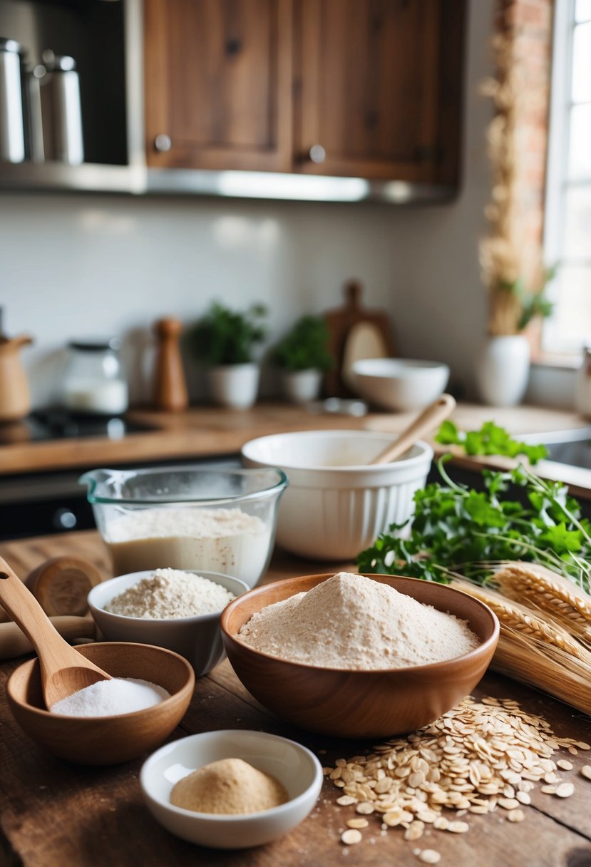 A rustic kitchen counter with ingredients and utensils for making oat bread, including oats, flour, yeast, a mixing bowl, and a wooden spoon