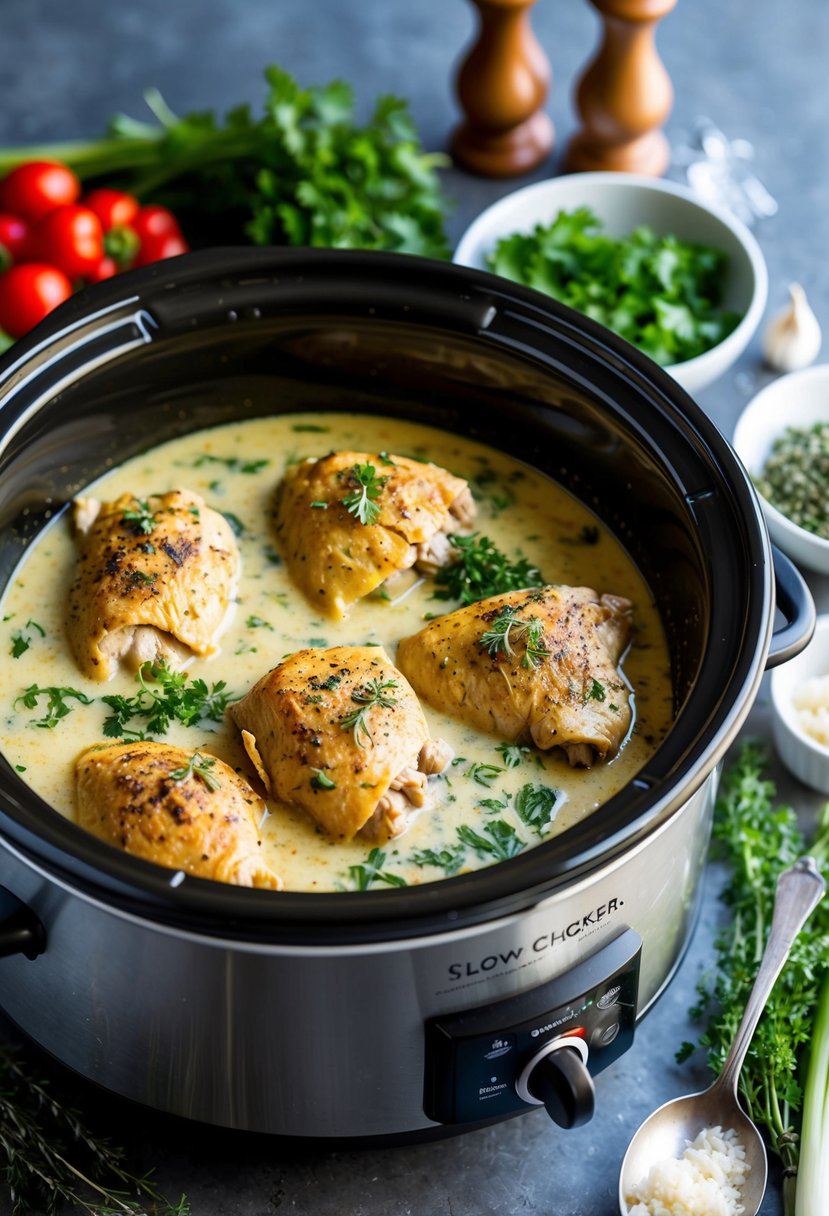 A slow cooker filled with creamy garlic Tuscan chicken surrounded by fresh herbs and low-carb vegetables