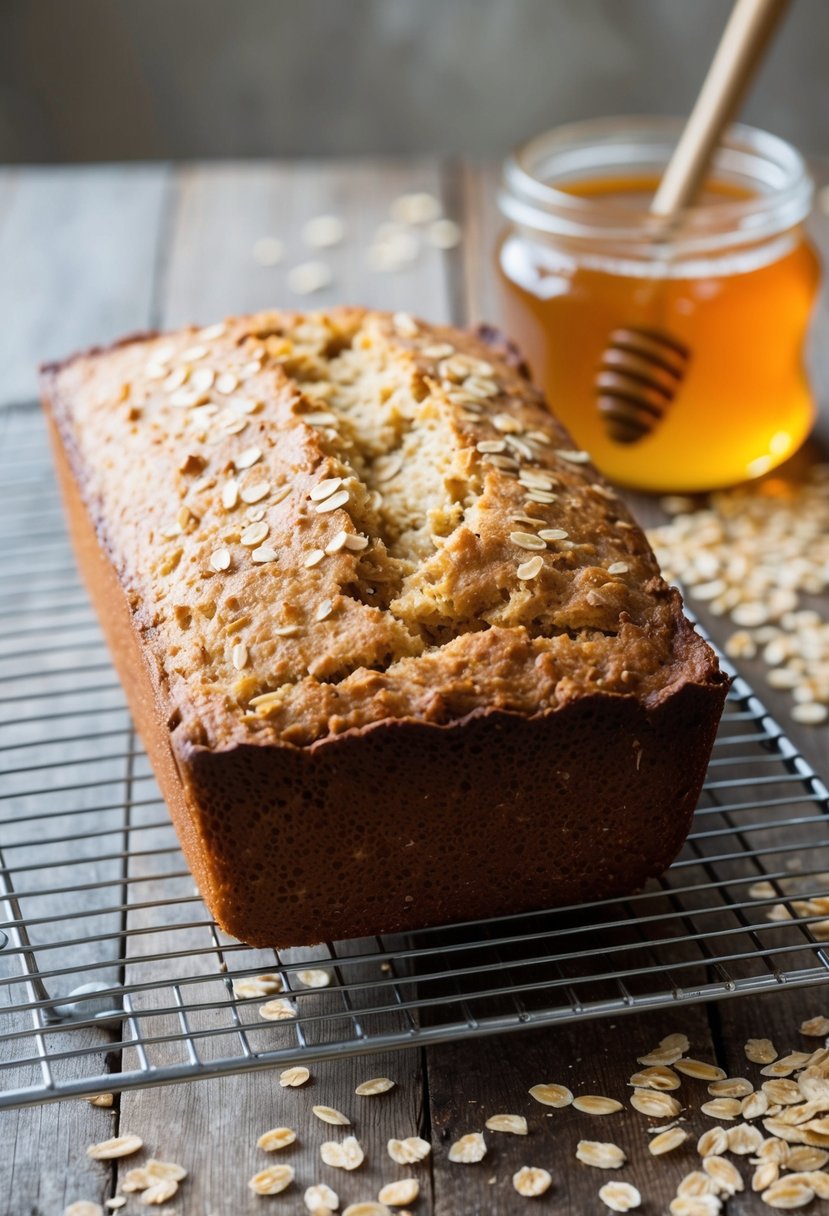 A loaf of honey oat bread cooling on a wire rack, surrounded by scattered oats and a jar of honey