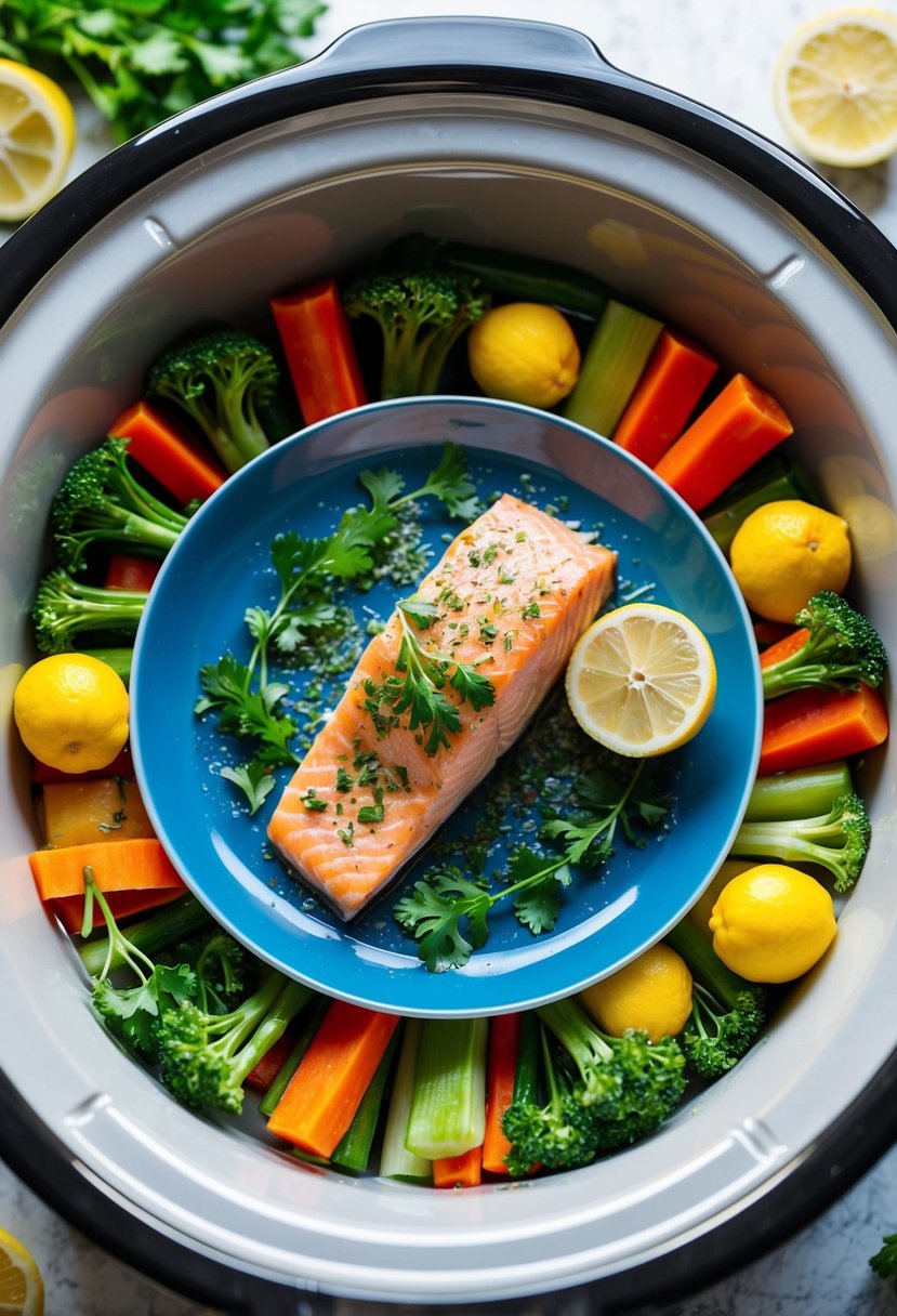 A vibrant plate of zesty lemon herb salmon surrounded by colorful low-carb vegetables, cooking in a modern slow cooker