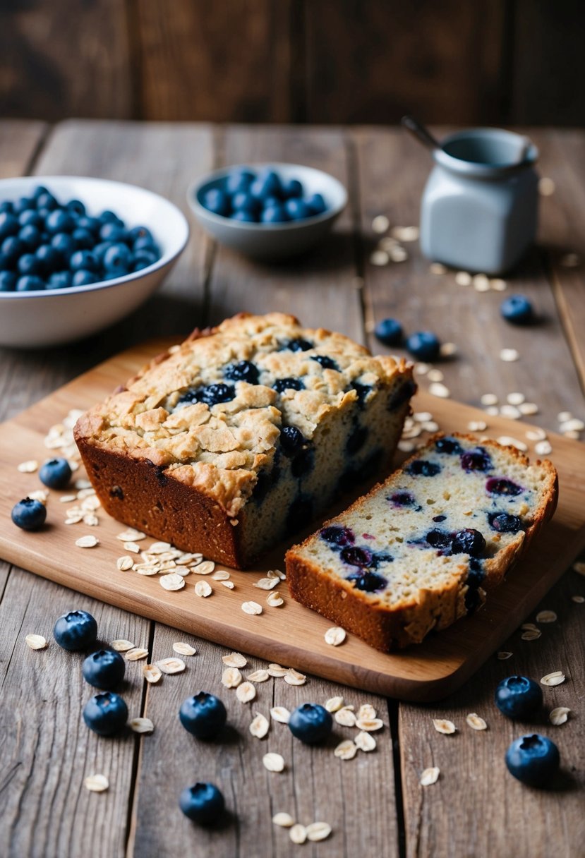 A rustic kitchen scene with a freshly baked blueberry oatmeal loaf cooling on a wooden cutting board, surrounded by scattered oats and a few scattered blueberries