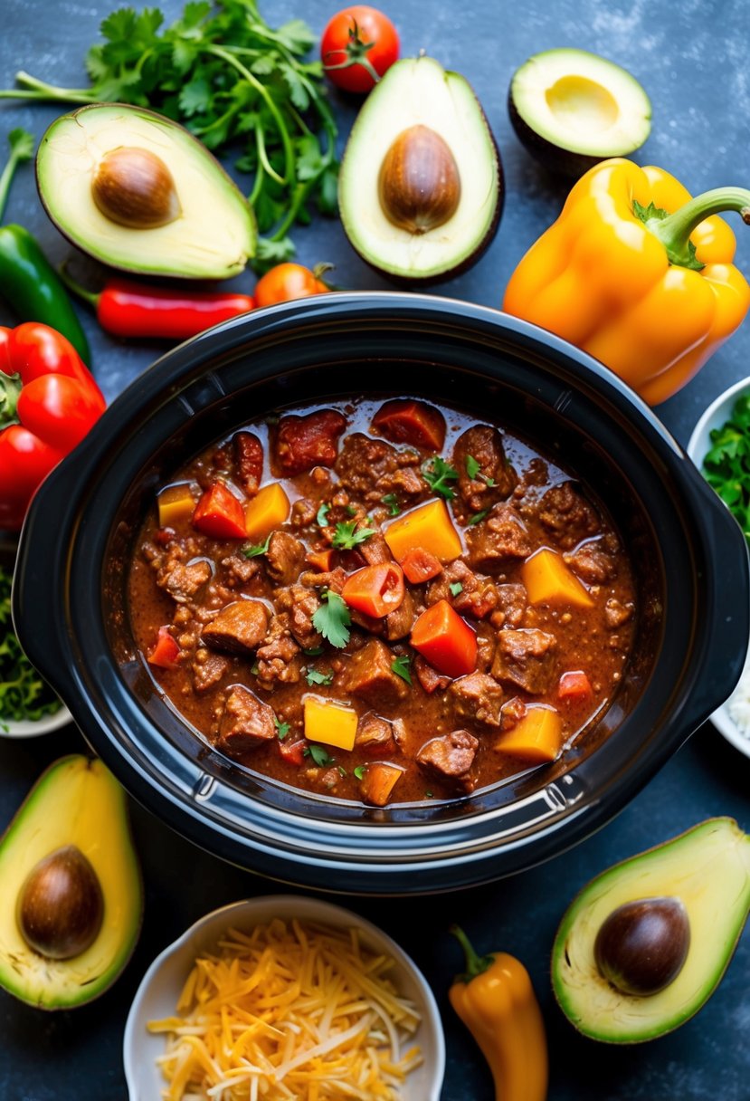 A slow cooker filled with low-carb chili con carne simmering with chunks of beef, tomatoes, and colorful bell peppers, surrounded by keto-friendly ingredients like avocados and cheese