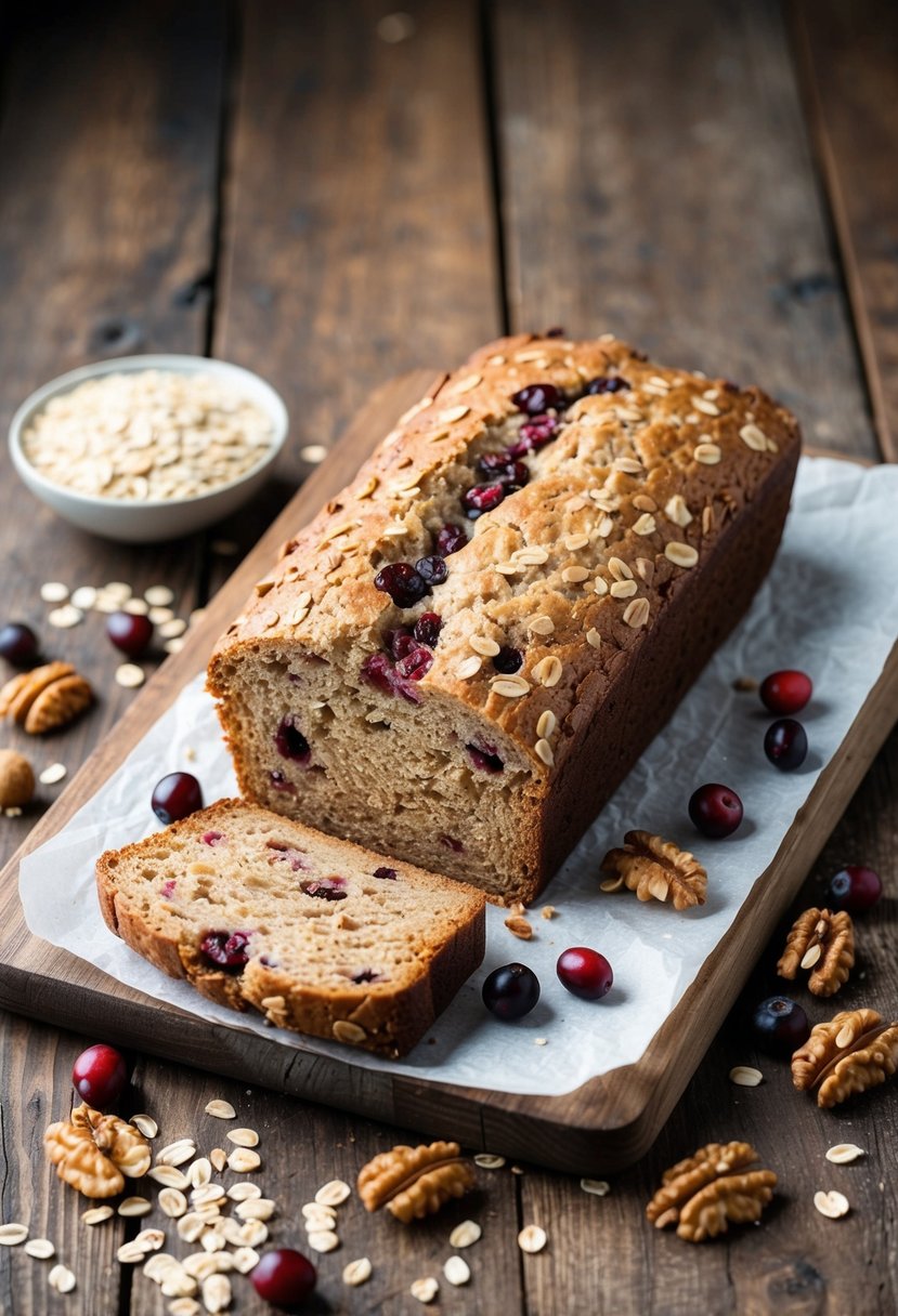 A rustic wooden table with a loaf of cranberry walnut oat bread surrounded by scattered oats, cranberries, and walnuts