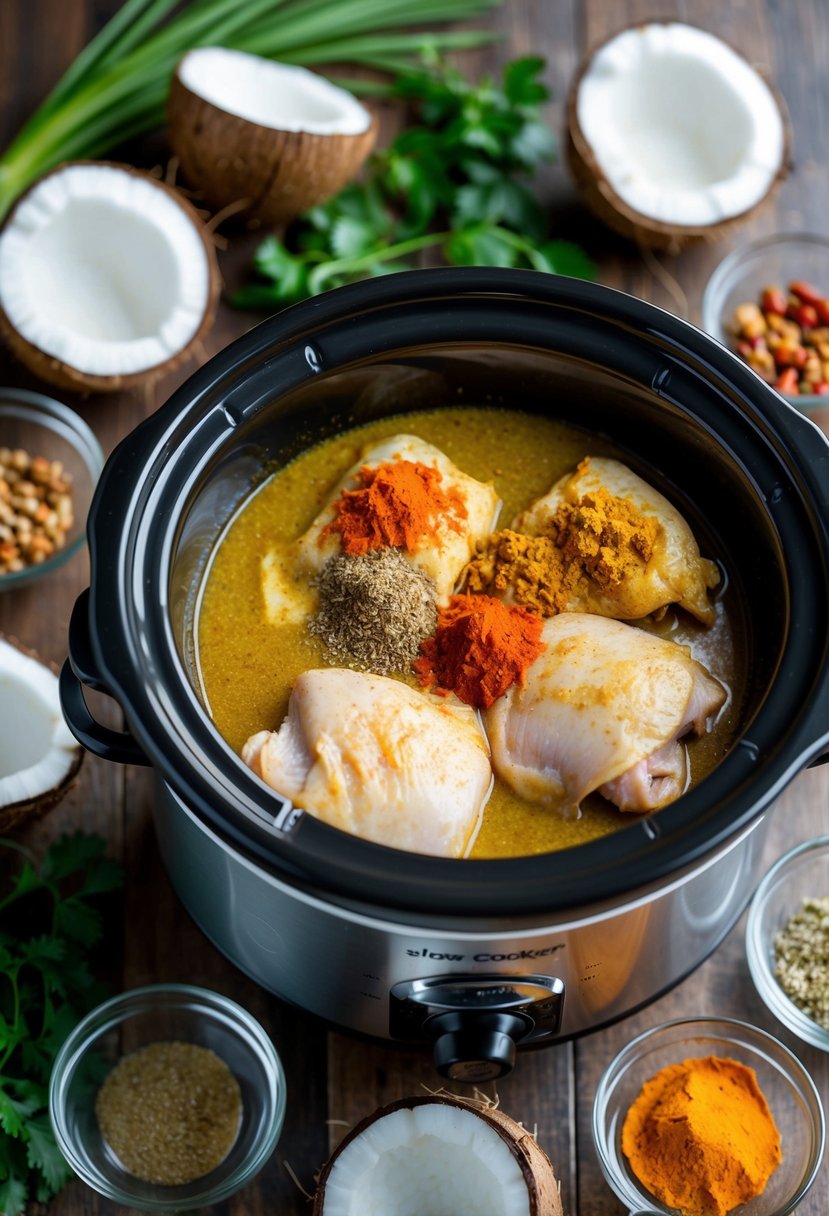 A slow cooker surrounded by fresh coconut, curry spices, and raw chicken