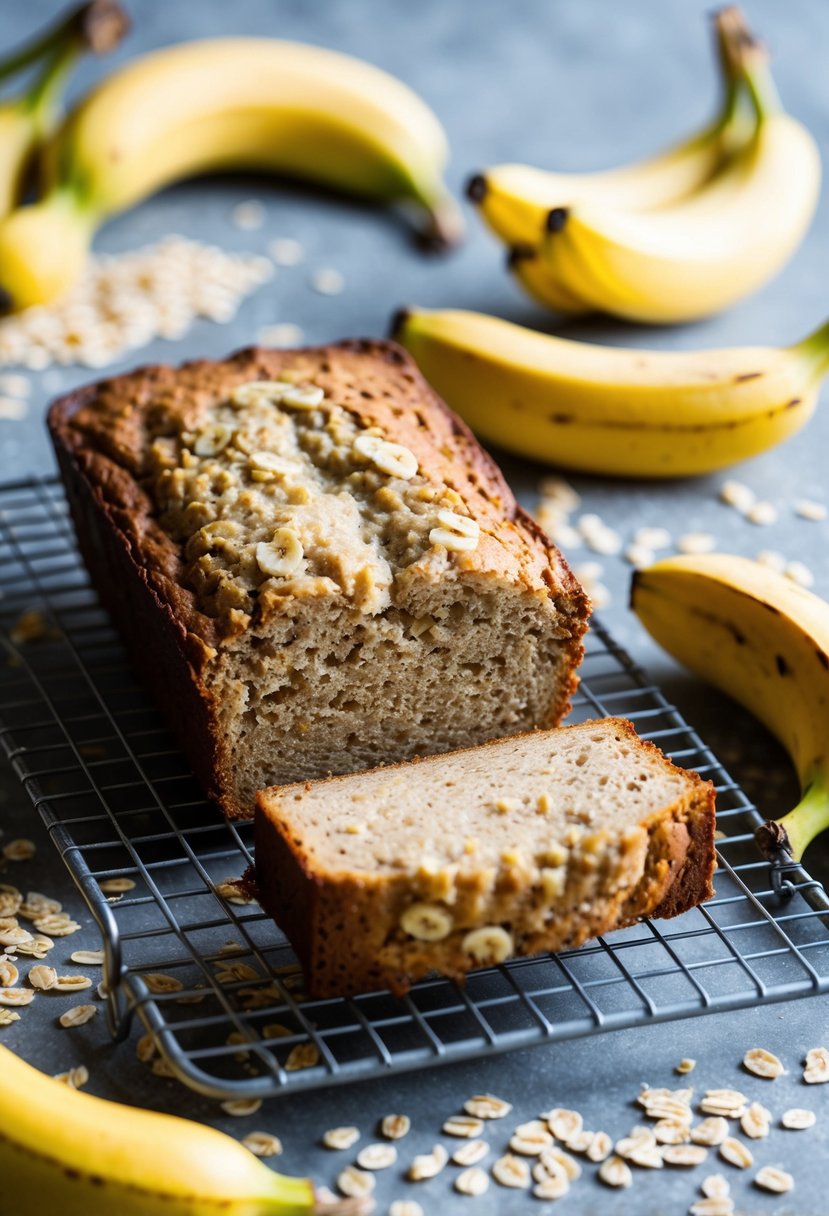 A loaf of banana oatmeal bread cooling on a wire rack, surrounded by scattered oats and ripe bananas