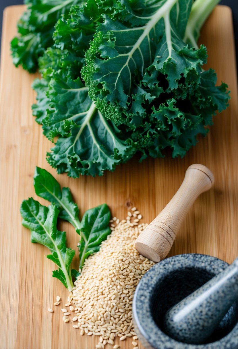 A wooden cutting board with fresh kale leaves and a pile of sesame seeds next to a mortar and pestle