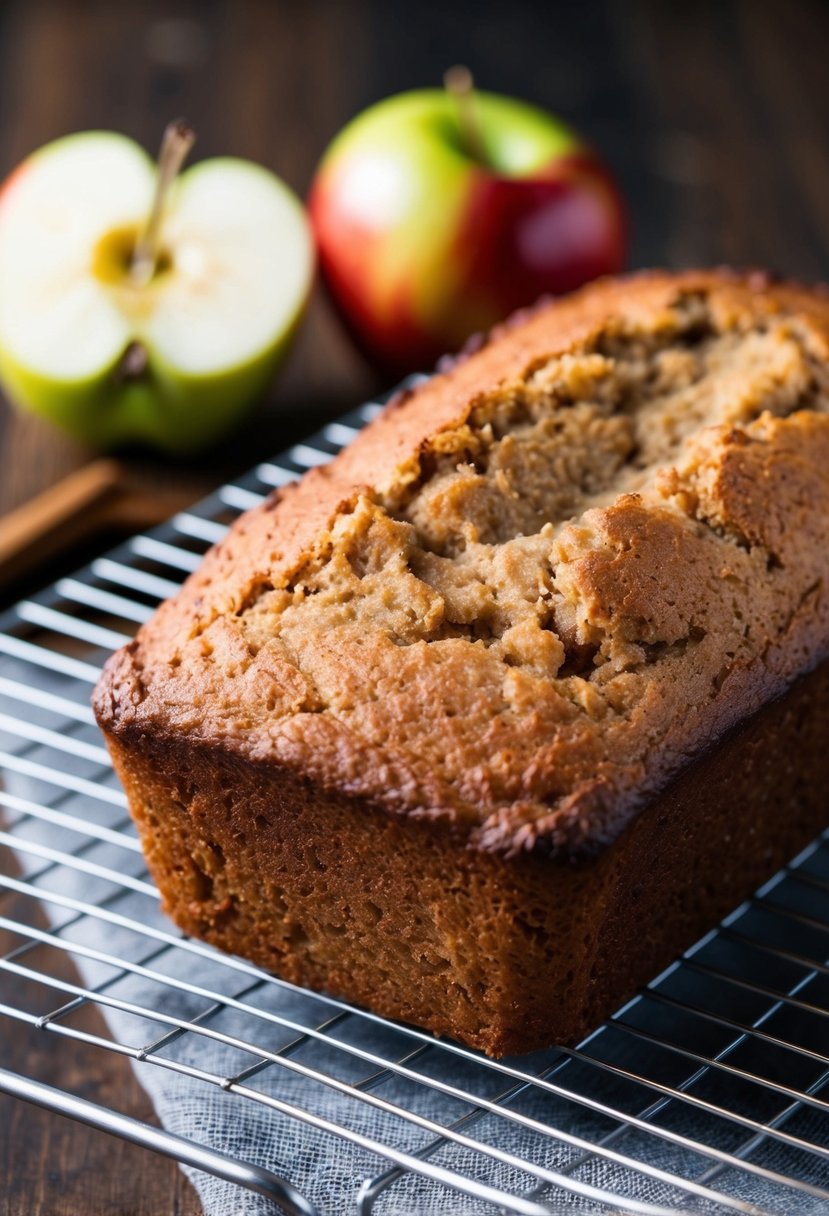 A loaf of apple cinnamon oat bread cooling on a wire rack