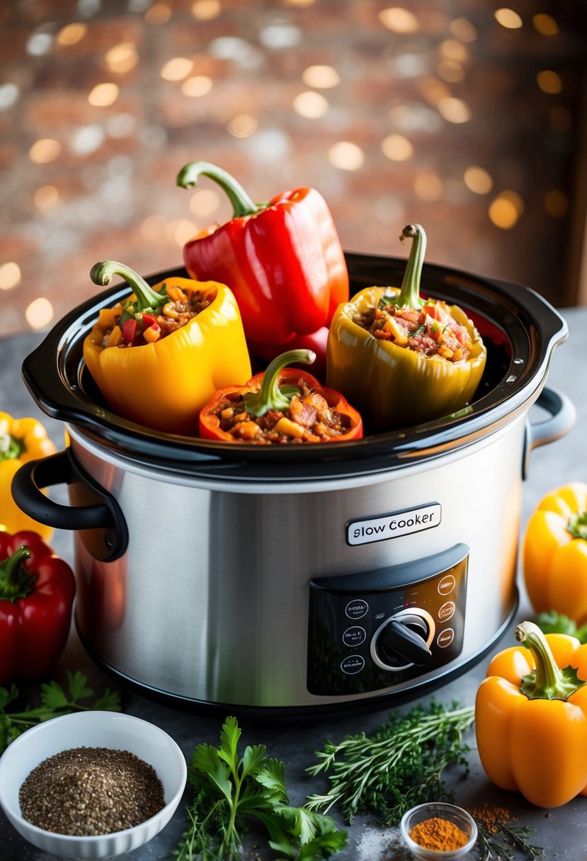 A slow cooker filled with colorful stuffed peppers surrounded by fresh herbs and spices