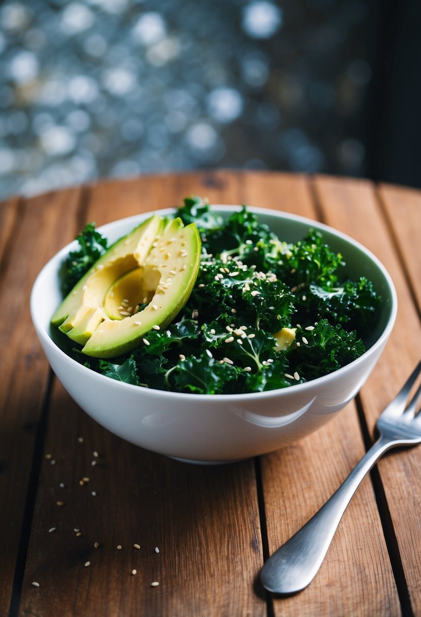 A bowl of sesame kale salad with sliced avocado, sprinkled with sesame seeds, on a wooden table with a fork beside it