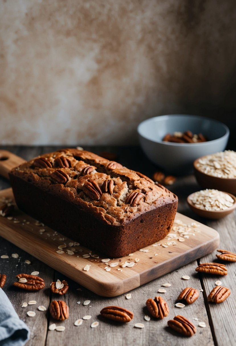 A rustic kitchen scene with a loaf of maple pecan oat bread cooling on a wooden cutting board, surrounded by scattered pecans and rolled oats