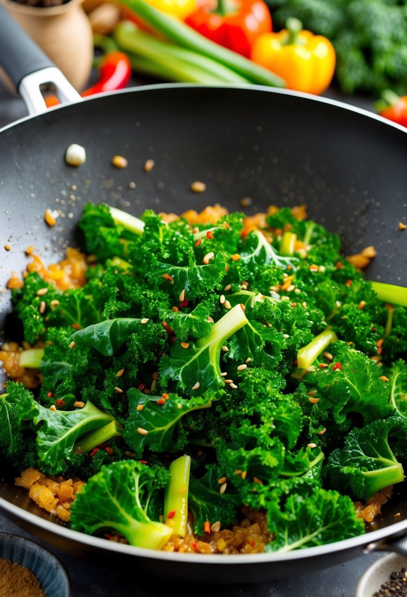 A sizzling wok filled with vibrant green kale leaves, tossed in a fragrant ginger sesame sauce, surrounded by colorful vegetables and aromatic spices