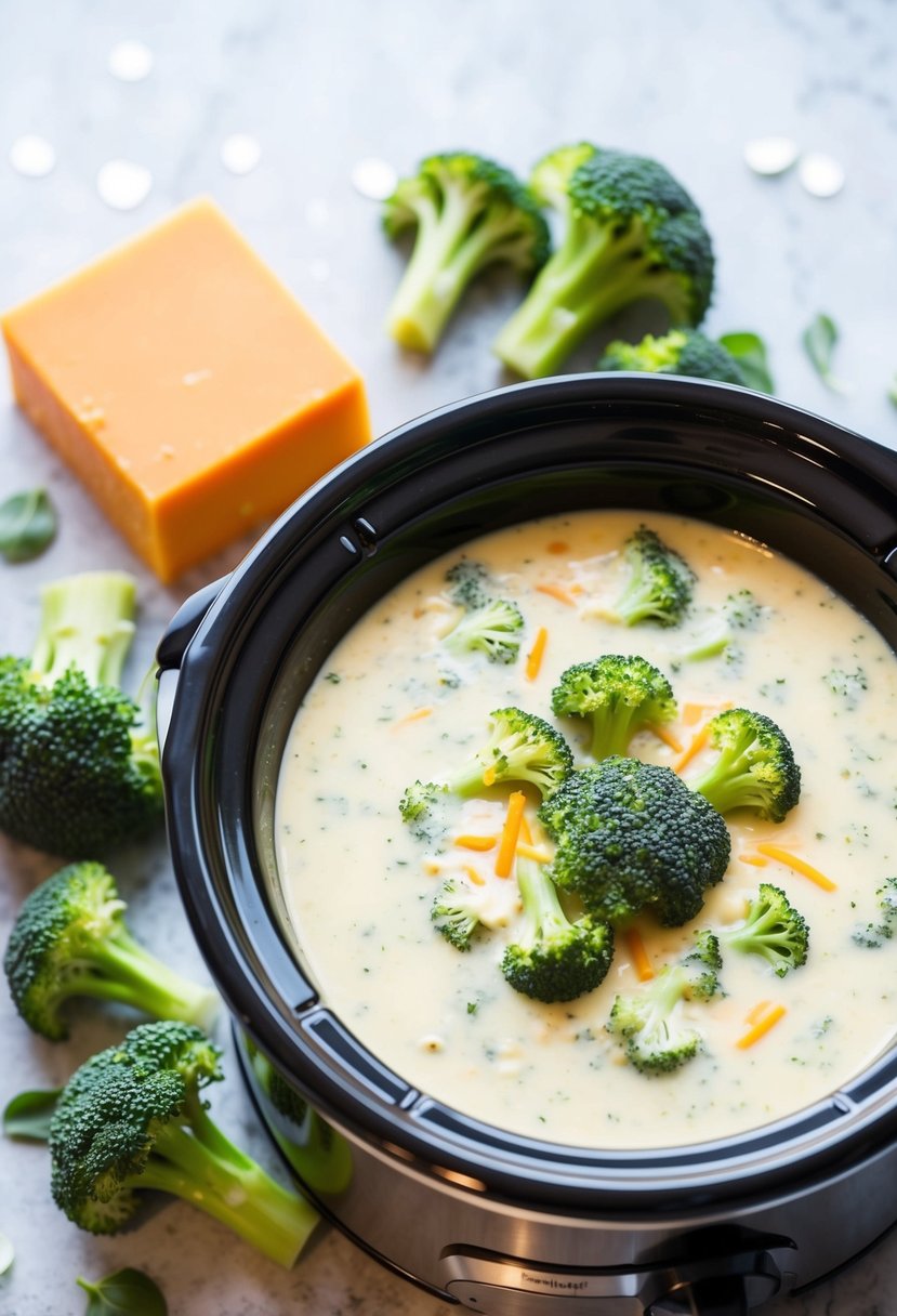 A slow cooker filled with creamy broccoli cheese soup surrounded by fresh broccoli florets and a block of cheddar cheese