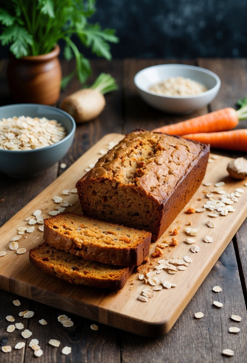 A rustic kitchen scene with a loaf of carrot ginger oat bread cooling on a wooden cutting board, surrounded by scattered oats and a few fresh carrots