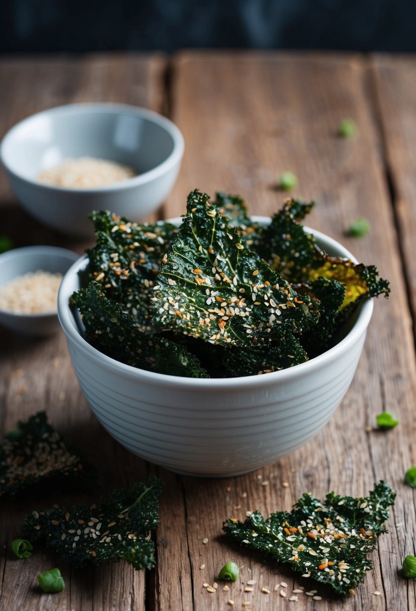 A bowl of freshly baked spicy sesame kale chips on a rustic wooden table