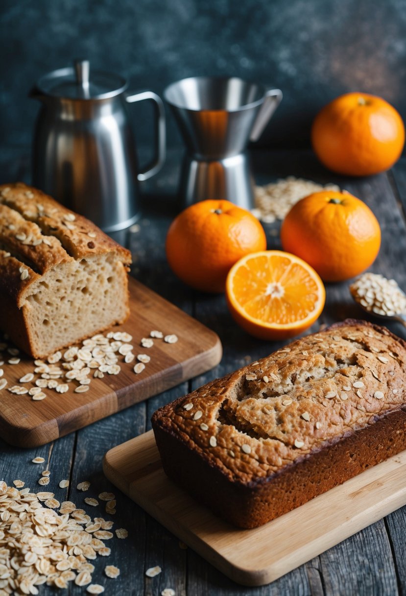 A rustic kitchen scene with a cutting board, oats, oranges, and a loaf of freshly baked oat bread