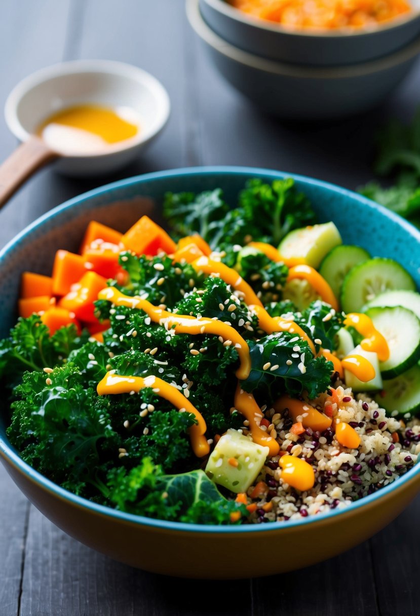 A vibrant bowl filled with sesame-coated kale, quinoa, and assorted vegetables, topped with a drizzle of savory sauce