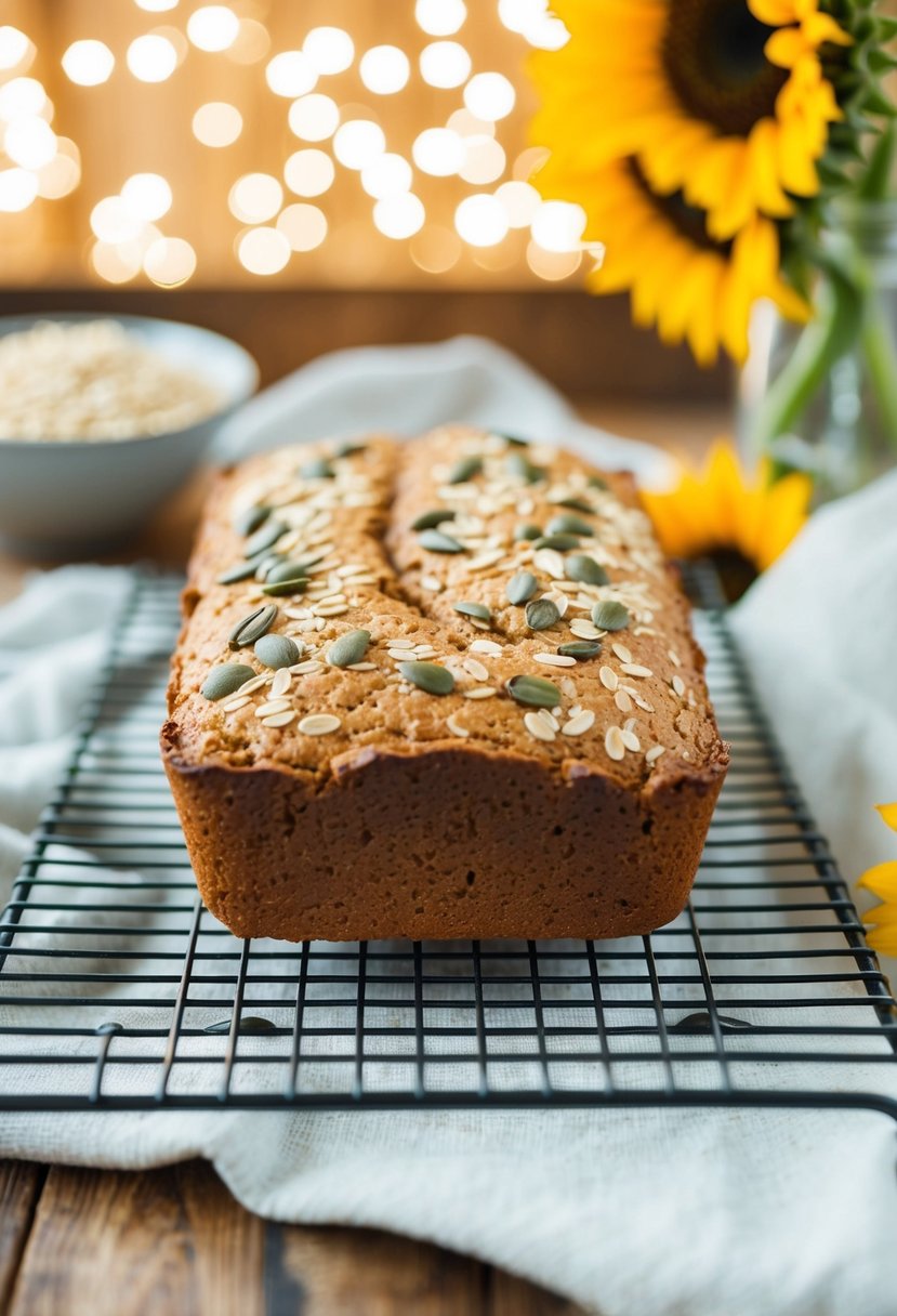 A sunflower seed oat bread cooling on a wire rack