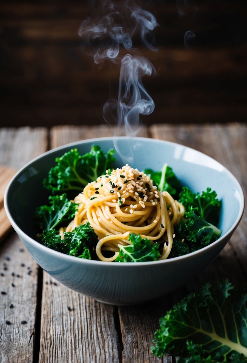 A steaming bowl of miso sesame kale noodles sits on a rustic wooden table, garnished with sesame seeds and fresh kale leaves