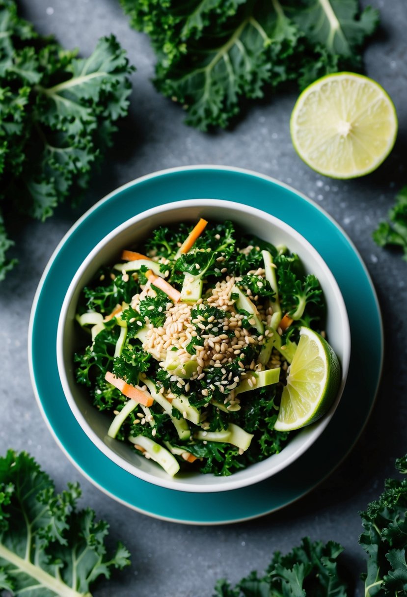 A vibrant bowl of tahini lime kale slaw with sesame seeds and a lime wedge on the side, surrounded by fresh kale leaves