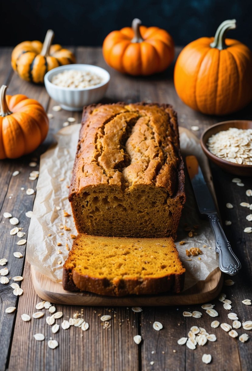 A rustic kitchen table with a freshly baked loaf of pumpkin spice oat bread, surrounded by scattered oats and a few whole pumpkins