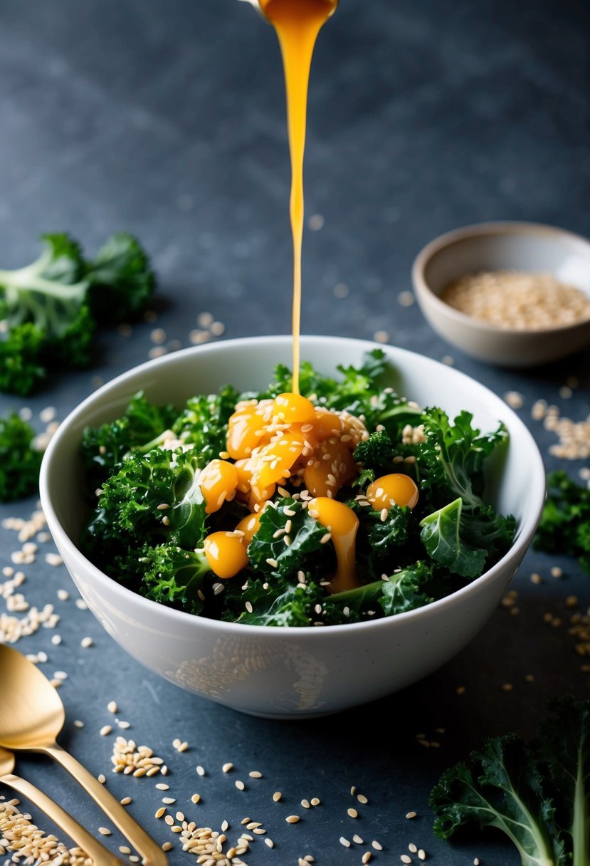 A bowl of sesame kale salad surrounded by scattered sesame seeds and a drizzle of sweet and sour dressing