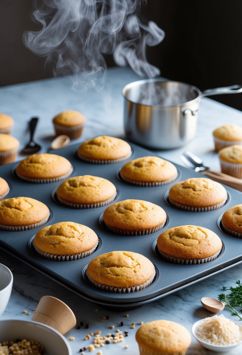 A muffin top pan filled with freshly baked muffins, steam rising, surrounded by scattered ingredients and kitchen utensils