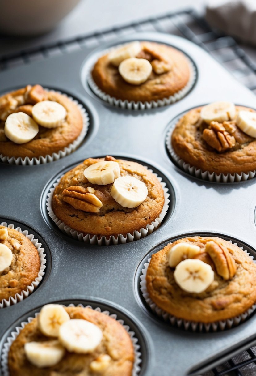 A muffin top pan filled with freshly baked banana nut muffins cooling on a wire rack