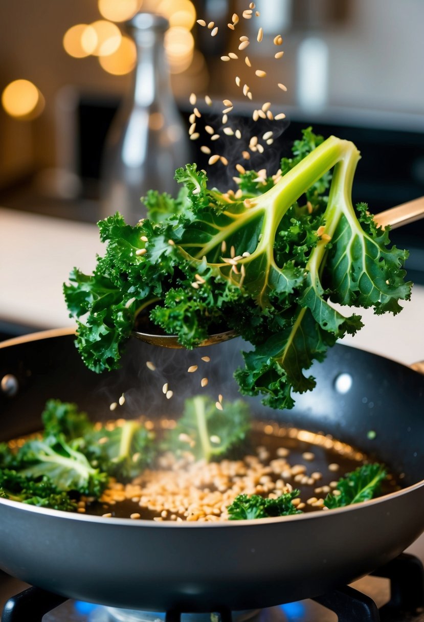 Fresh kale leaves being tossed in a sizzling pan with balsamic and sesame seeds, emitting a savory aroma