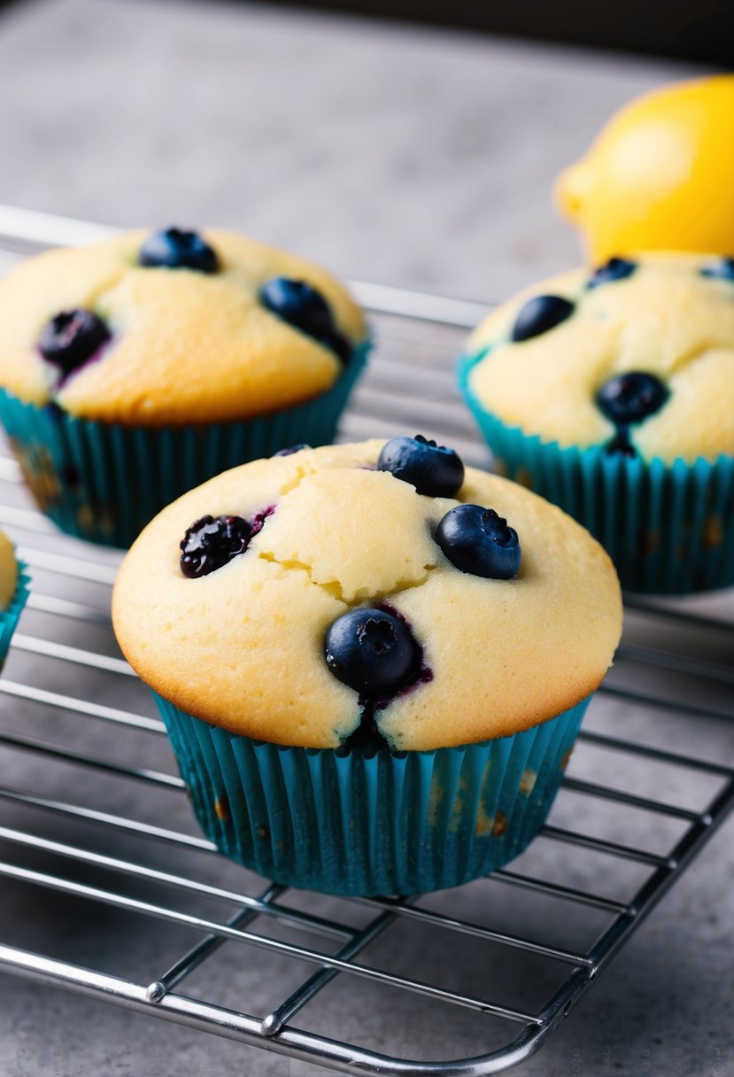 A muffin top pan filled with freshly baked blueberry lemon muffins cooling on a wire rack