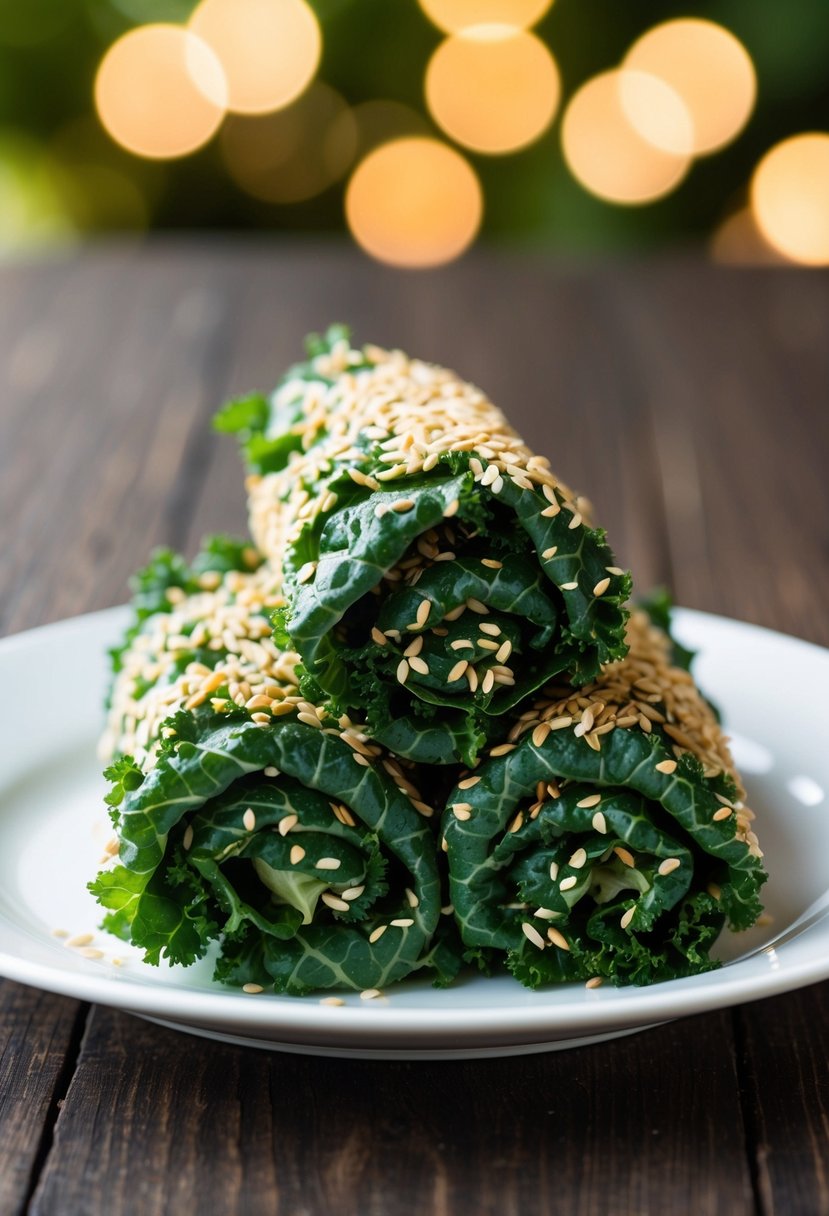 Fresh green kale leaves coated in crispy sesame seeds, rolled up neatly on a white plate