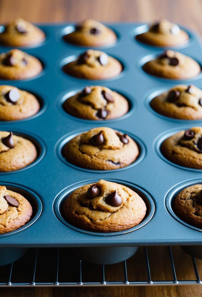 A muffin top pan filled with freshly baked double chocolate chip muffins cooling on a wire rack