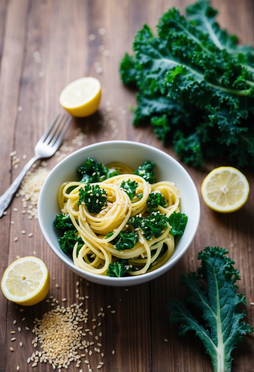 A bowl of lemon sesame kale pasta on a wooden table with scattered sesame seeds and a bunch of fresh kale leaves