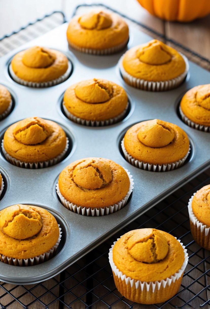 A muffin top pan filled with freshly baked pumpkin spice muffins cooling on a wire rack