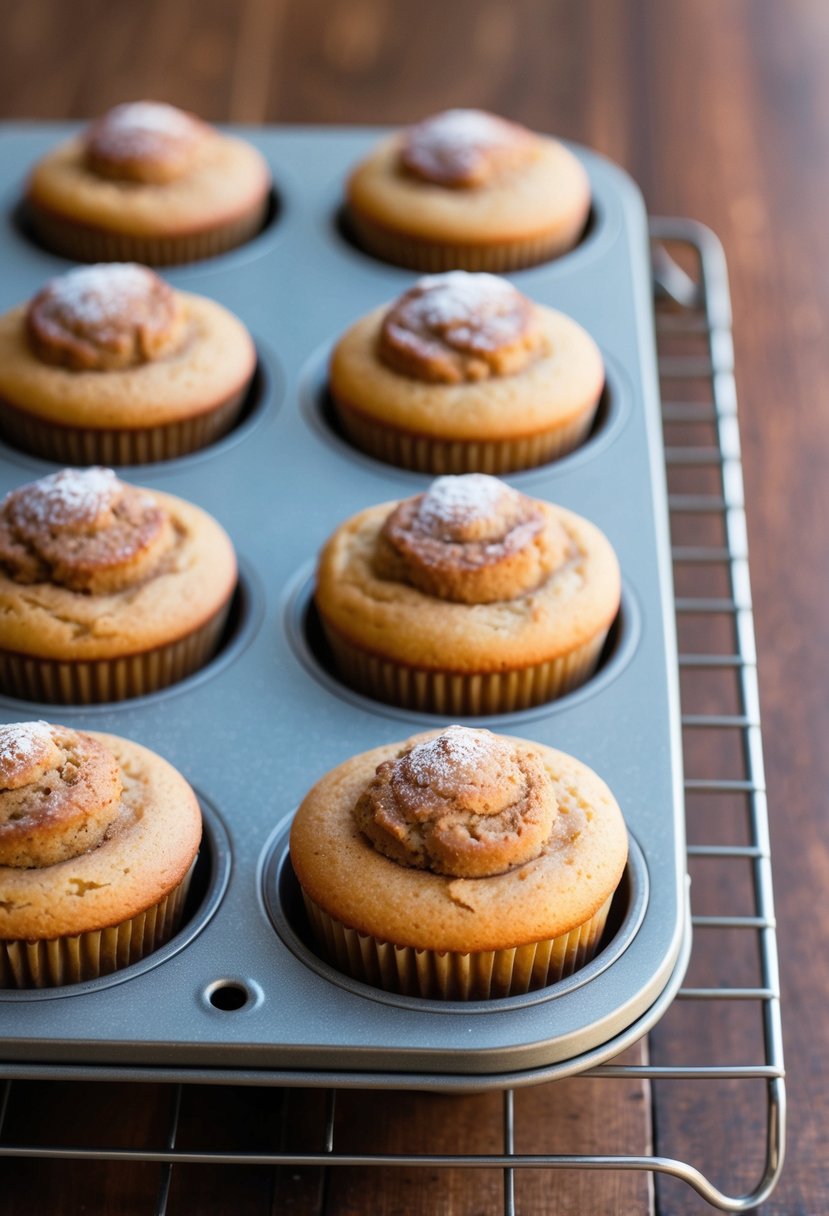 A muffin top pan filled with freshly baked apple cinnamon muffins cooling on a wire rack