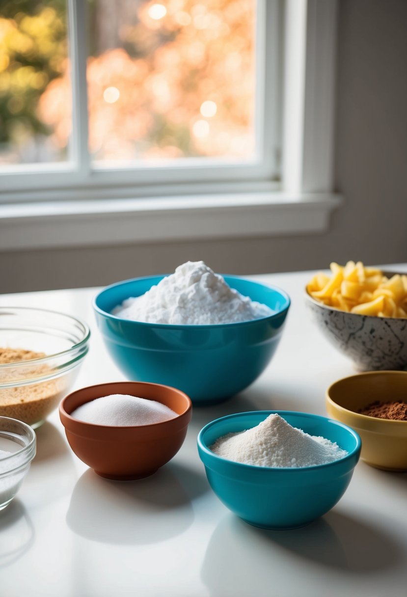 A table with assorted ingredients and mixing bowls for homemade washing powder