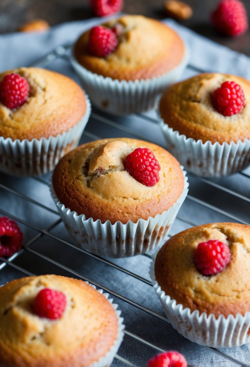 A muffin top pan filled with freshly baked raspberry almond muffins cooling on a wire rack