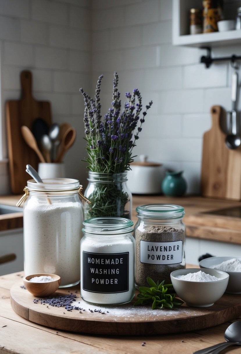 A rustic kitchen counter with jars of lavender and tea tree powder, surrounded by ingredients and utensils for homemade washing powder