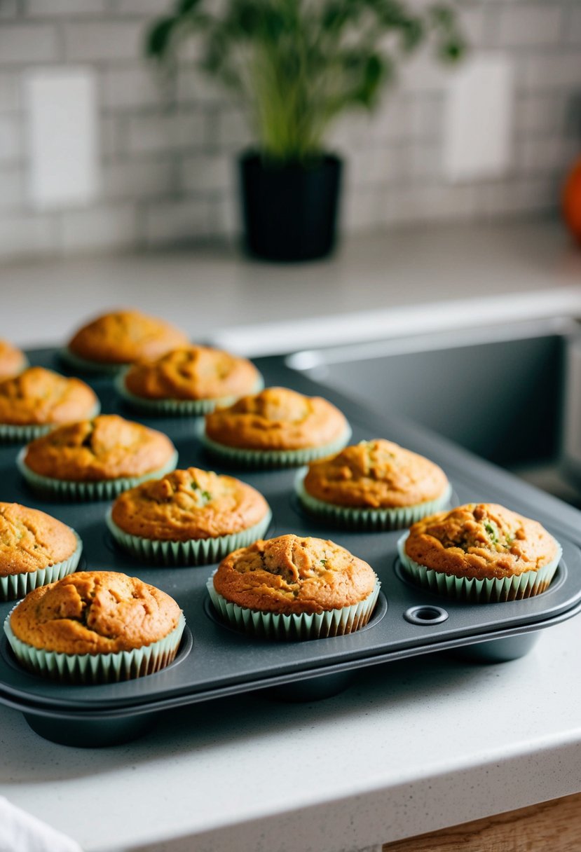 A muffin top pan filled with freshly baked zucchini carrot muffins cooling on a kitchen counter