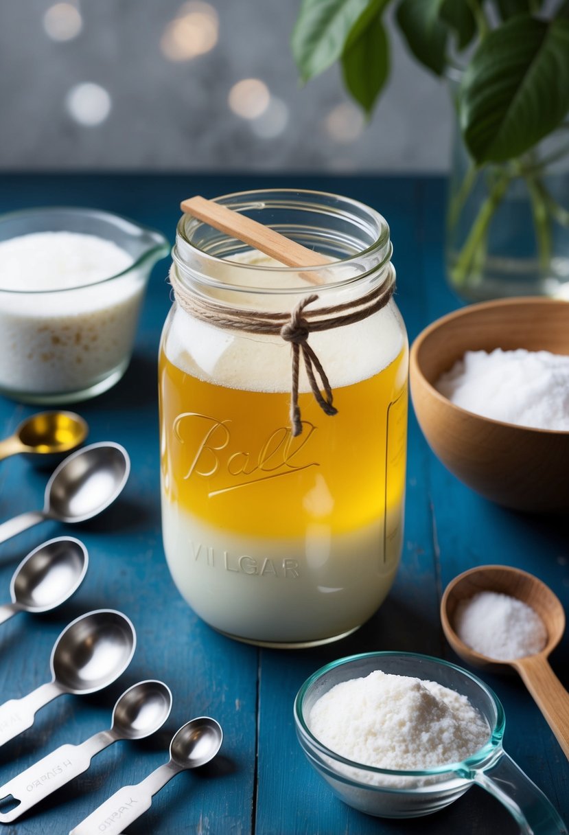 A glass jar filled with coconut oil and vinegar blend, surrounded by measuring spoons and a mixing bowl with homemade washing powder ingredients