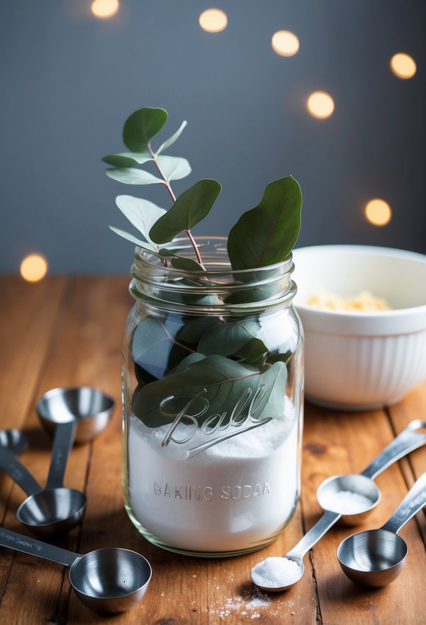 A glass jar filled with eucalyptus leaves and baking soda sits on a wooden table, surrounded by measuring spoons and a mixing bowl