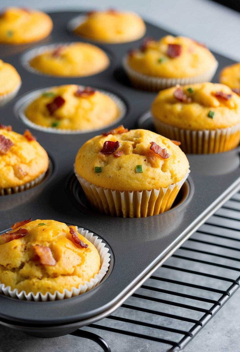 A muffin top pan filled with freshly baked cheddar bacon chive muffins cooling on a wire rack